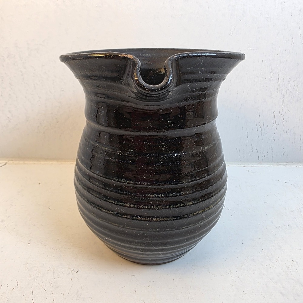 Vintage Studio‎ Pottery Black Glazed Stoneware Pitcher Ribbed Handcrafted Jug - Picture 4 of 10